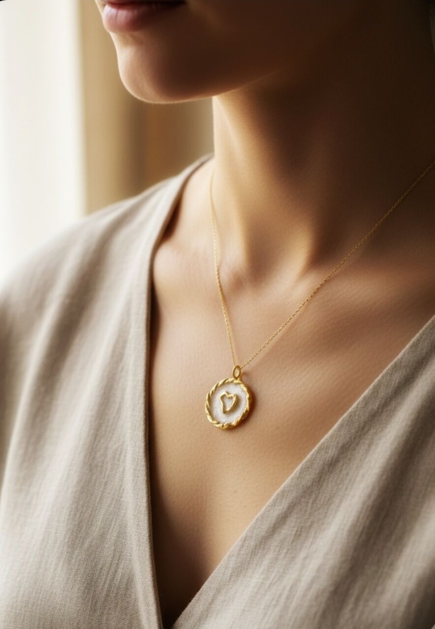 Mineli Kalp Örgü Detaylı Altın Kolye