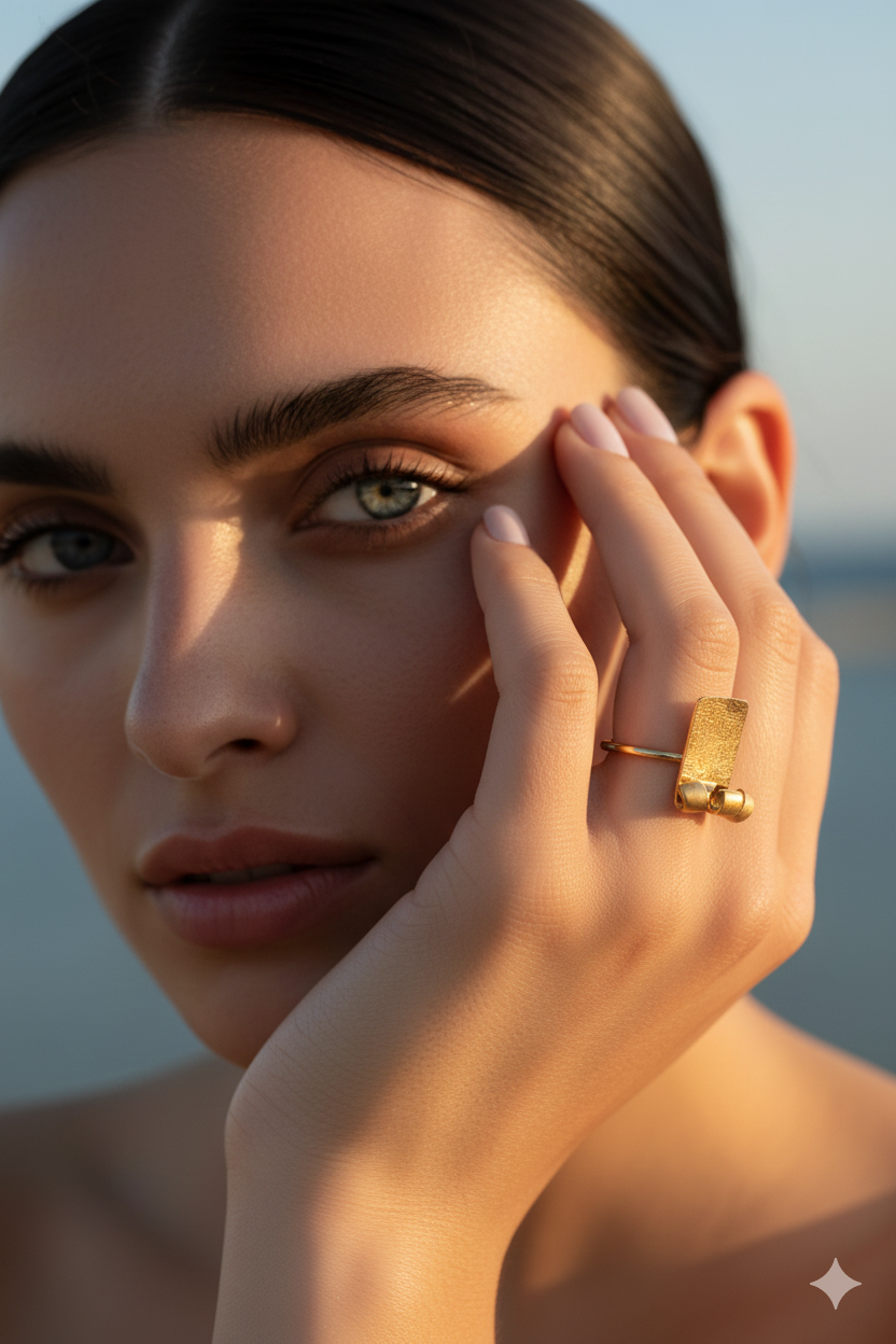 Kıvrım Detaylı Dikey Plaka Tasarım Kadın Yüzük